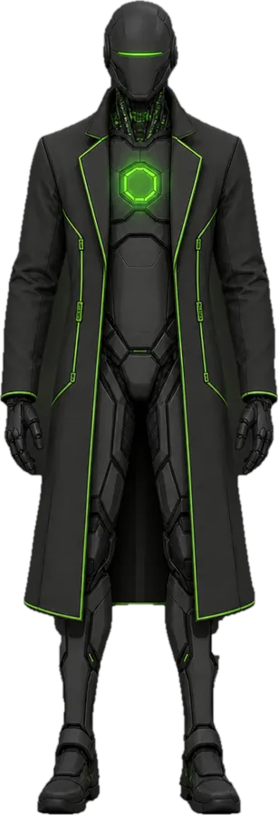 ARCHITECT, a tall faceless figure in a long charcoal coat with green trim and one green eye slit
