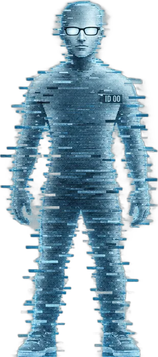GHOST, a standing figure made of static, with rectangular glasses and ID 00 on the chest