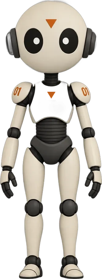 KITE, a small cream robot with a big round head, two black eyes and an orange 01 on each shoulder