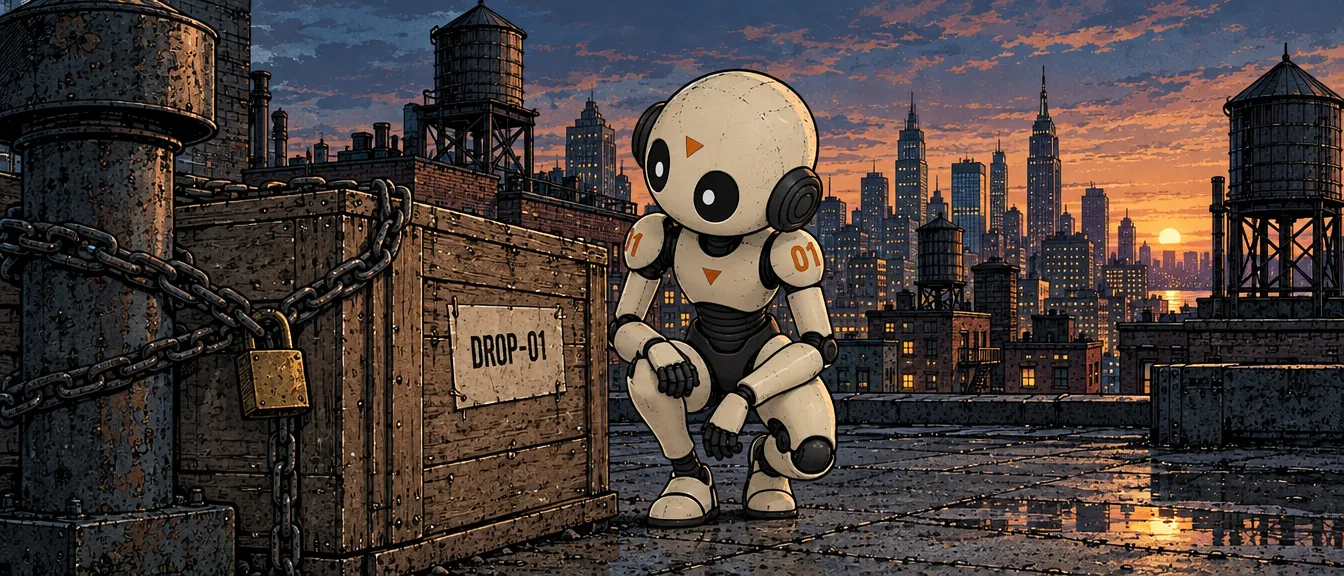 a crate on a roof, chained to a pipe. DROP-01 on the label. i think the answer is inside. — 01