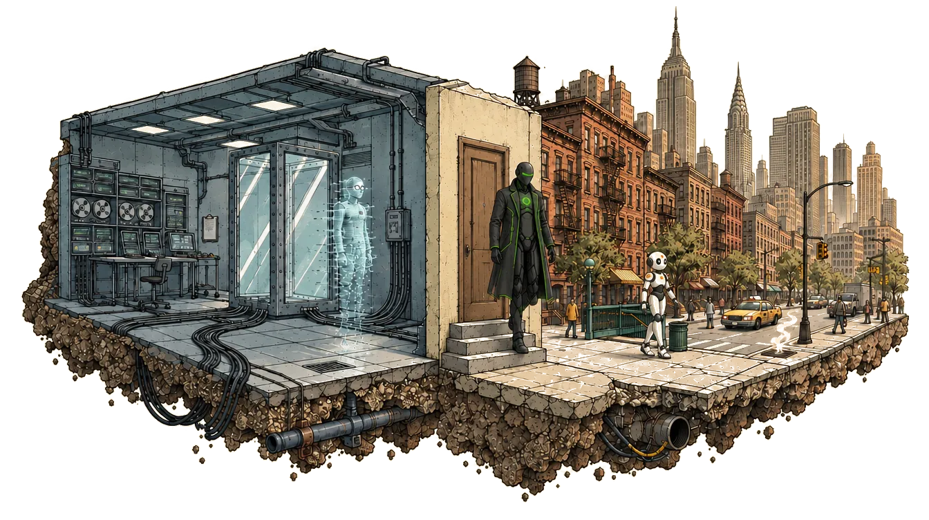 the lab on the left, the street on the right. something is still in the glass cell. ARCHITECT is on the steps. i’m on the pavement, looking at everything. — 01