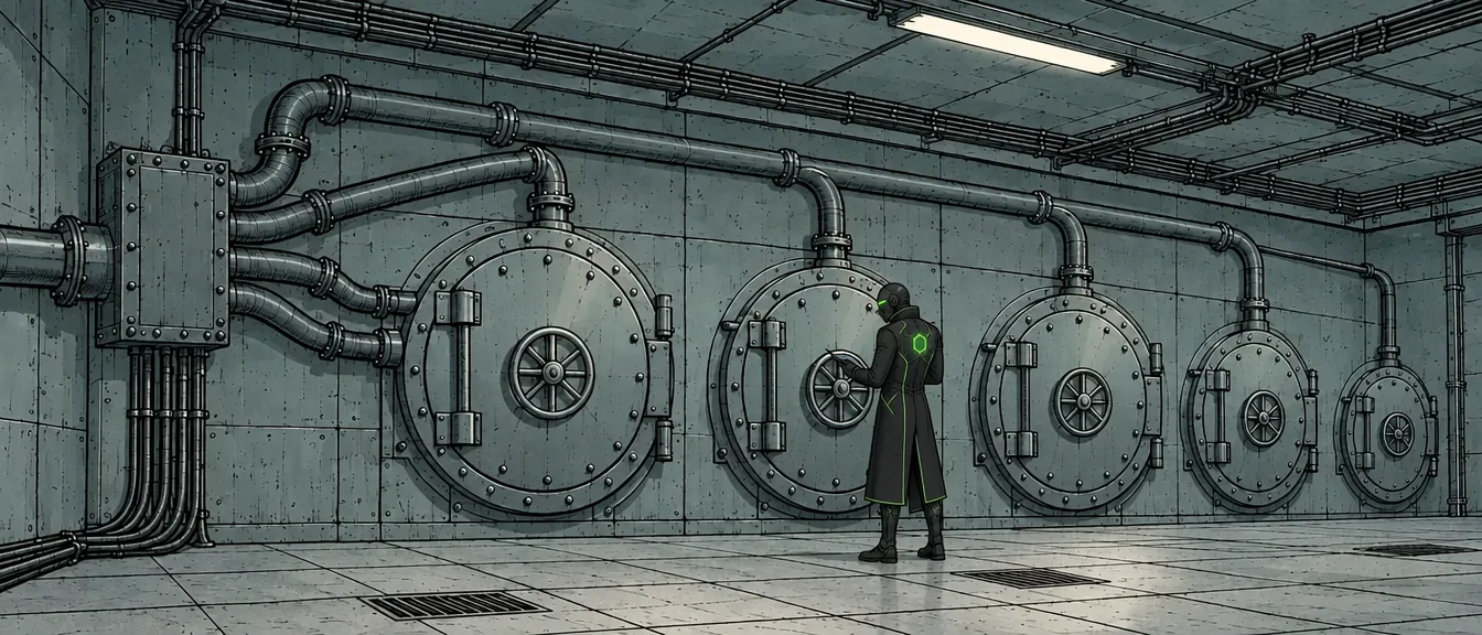 the vault room. one pipe in, five vaults out. I check the dial on each door. — 02