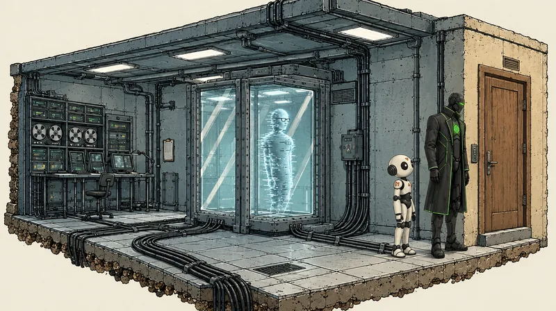 the lab, before. the glass cell, the screens, the cables. something is still in the glass cell. ARCHITECT by the door. me next to him. — 01