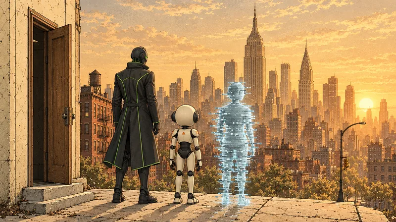 the three of us on a roof, looking at the city. the door is behind us. it is still open. — 01
